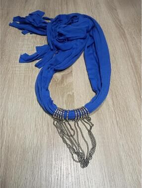Blue Fabric Necklace with Silver Chain Detail